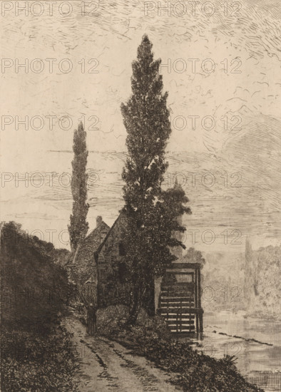House along a river and a sandy path, print, printmaker: Léon Boudot (possibly), 1851 - 1930,
