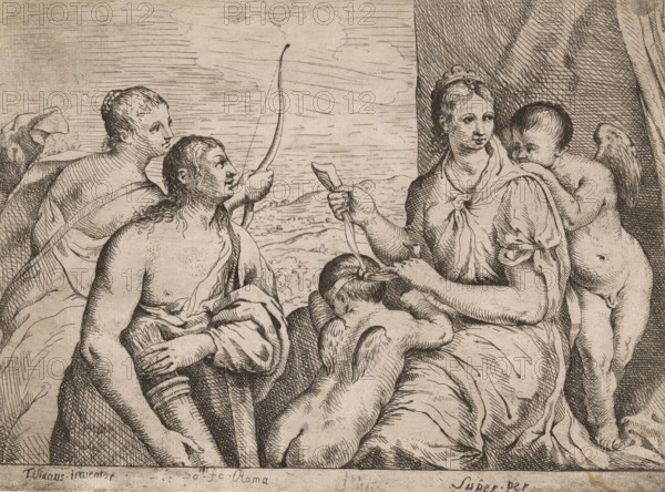 Venus blindfolding Cupid, print, printmaker: Louis de Boullogne (I), Rome, after design by Titian,