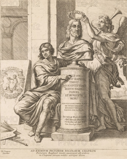 Title print with Nicolas Chaperon, seated next to a bust of Raphael laureated by fame, Sacrae