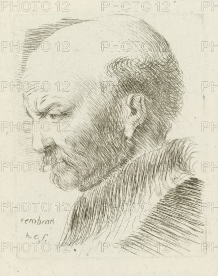 Head of an old man bald on top and in profile, print, printmaker: Honoré Coussin, France, after