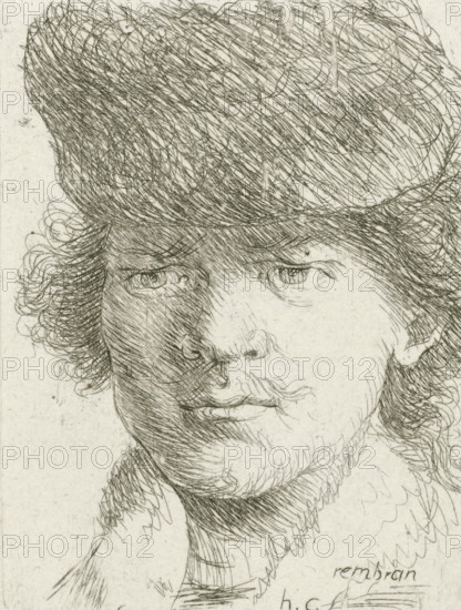 Portrait of Rembrandt with high hat, print, printmaker: Honoré Coussin, France, after design by
