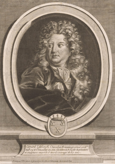 Portrait of Gerard Edelinck, print, printmaker: René Devaux, after painting by Jean Tortebat, c.