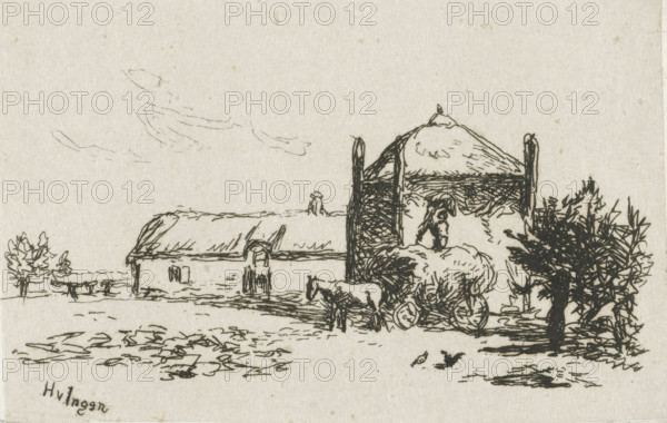Farm with haystack, print, A farm with a haystack. In front of the haystack stand a horse and wagon