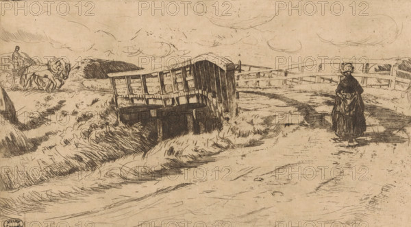 Country road with bridge, print, A wooden bridge in a landscape with haystacks. On the left, a hay