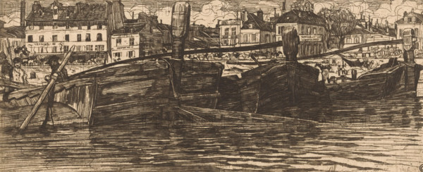 Barges in the Seine in Paris, print, Houses in the background. In front of the houses several
