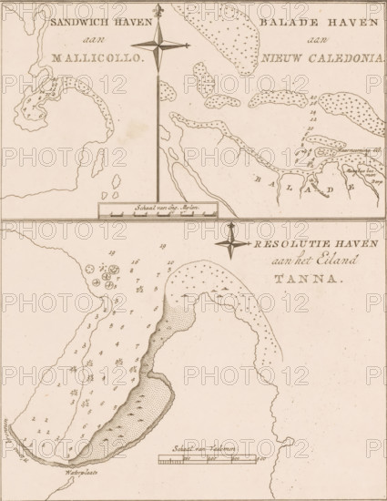 Map of the coasts of the islands of Malakula, New Caledonia, and Tanna, print, book illustration,