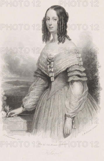 Portrait of Klara, print, half-length to the left, with curls. In the background a landscape and