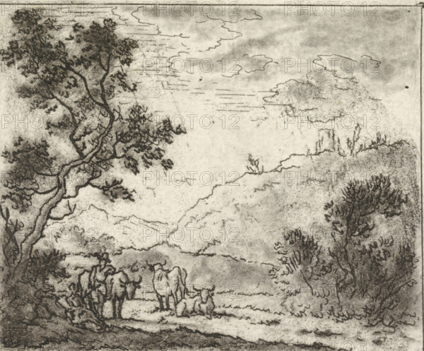 Landscape with shepherd and cows, print, Hilly landscape with a shepherd, leaning on a cow, in