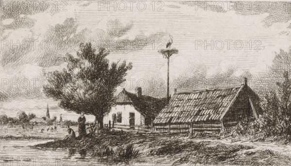 Stork's nest between houses on the waterside, print, A stork's nest between a barn and a house on