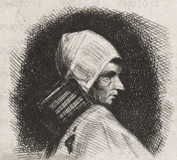 Bust of a woman facing right, print, name: 'JJ cvan der Maaten', printmaker: Jacob Jan van der