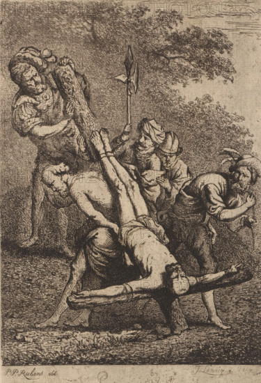Crucifixion of Peter, S. Petrus martyr, print, printmaker: Jean Théodore Joseph Linnig, after