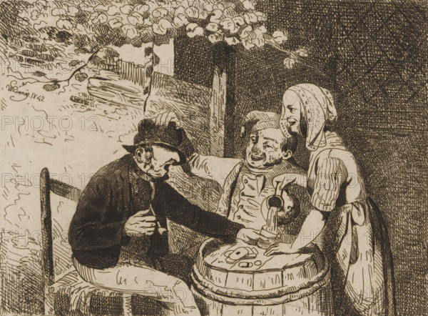 Woman pouring a glass for two men playing cards, print, printmaker: Willem Linnig (I), 1842, paper,