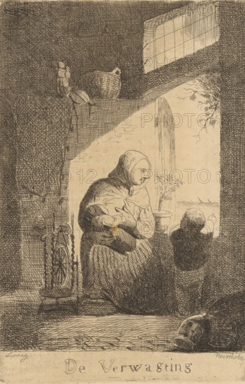 Mother feeding her baby, De Verwachtting, print, printmaker: Willem Linnig (I), publisher: P. van
