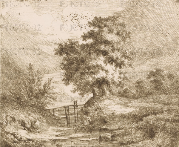 Landscape with wooden bridge over the water, print, printmaker: attributed to Ildephonse Stocquart,