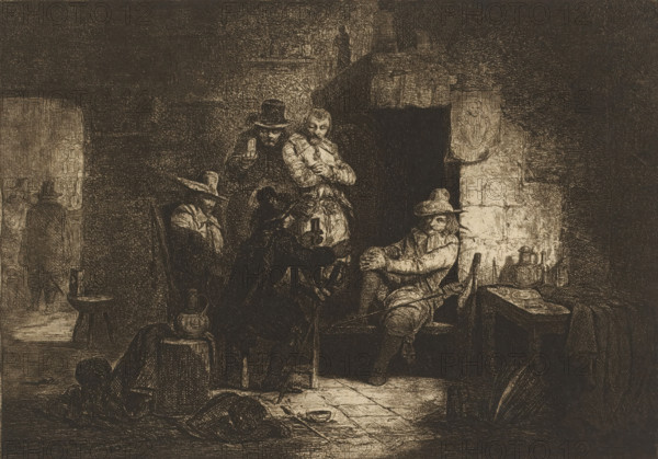 Company of five drinking soldiers by a hearth, print, printmaker: Guillaume Joseph Vertommen, 1850,