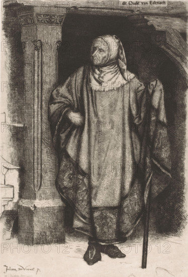 Old man with hooded cloak and walking stick, The Elder of Eisenach, print, printmaker: Juliaan de