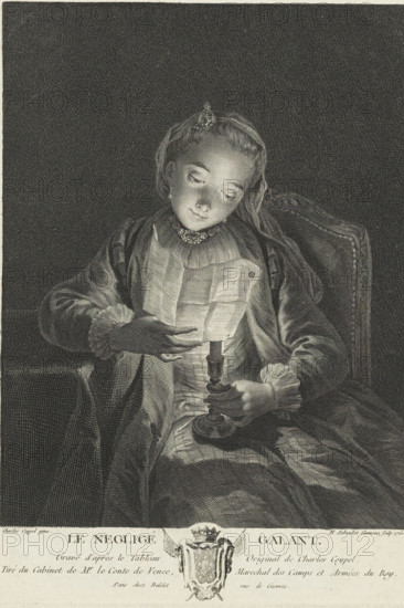 Girl reading a letter by candlelight, Le negligee galant, print, Below the scene the title and a