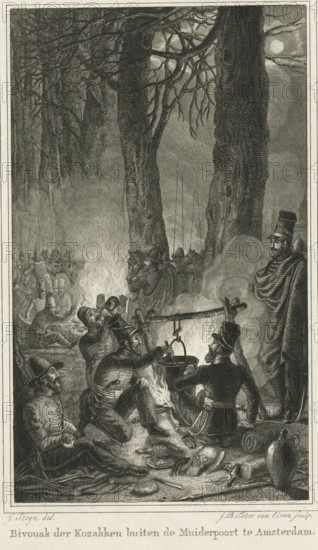 Cossack bivouac outside the Muiderpoort in Amsterdam, Soldiers during a meal, print, Series number,