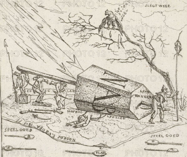Napoleon crushed under a hexagonal block, Caricatures of the defeats of the French in 1813,