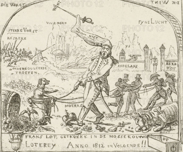 Napoleon pulls a dog in a goblet through the swamp, Caricatures of the defeats of the French in