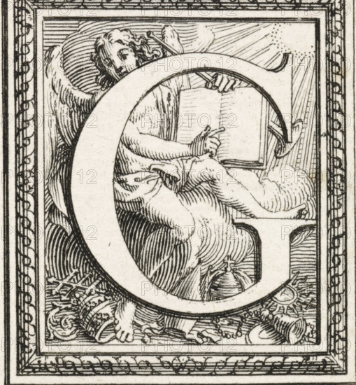 Letter G, print, The letter and the initial G with an angel in the background pointing at an open