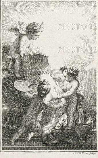 L'Art de Peindre, Putti studying a sheet of paper, print, Two putti studying a sheet of paper with