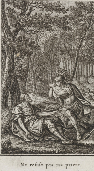 Numa and the dying Tatius, print, book illustration, The dying Tatius lies against a tree. Numa