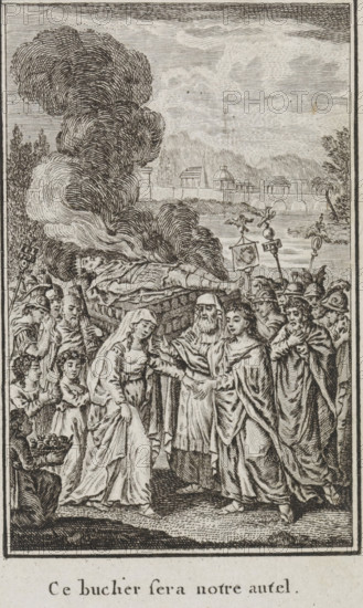 Burial of Tatius, print, book illustration, Titus Tatius, king of the Sabines, is cremated on a
