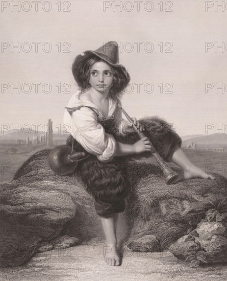 Shepherd boy with jug and wind instrument, print, printmaker: Eduard Mandel, Berlin, after painting