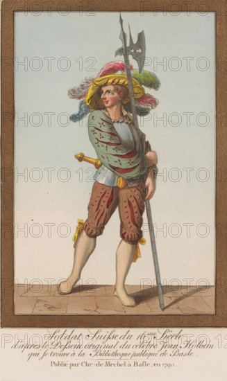 Soldat Suisse du 16me siècle, Soldier with dagger, halberd and hat with feathers, Twelve Swiss