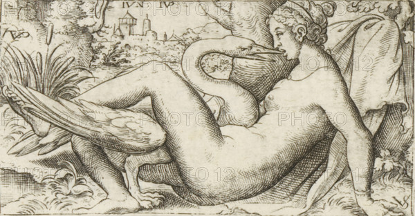 Leda and the swan, print, number: '108', printmaker, after print by, Bavaria, Nuremberg, Virgilius