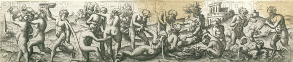 Bacchanal with satyrs and vomiting figures, Three friezes with bacchanals, print, number: '23',