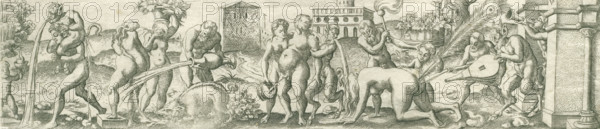 Bacchanal with vomiting satyrs, Three friezes with bacchanals, print, number: '23', printmaker:
