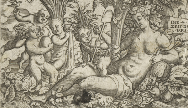 Personification of the Earth with four putti as the four elements, print, number: '122',