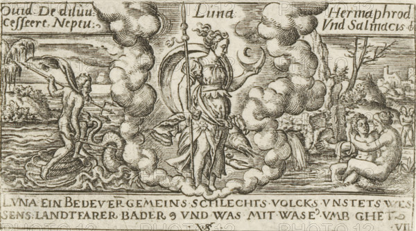 Luna, Luna with a Cancer (zodiac sign), Personifications of planets, print, Numbered lower right:
