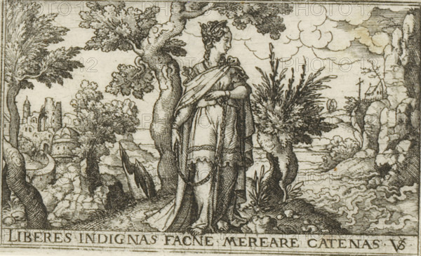 Imprisonment, Female allegories in landscapes, print, number: '72', printmaker: Virgilius Solis,