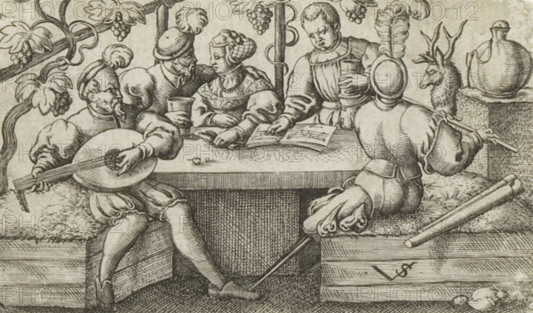 Four men and a woman drinking and making music, Scenes with drinking figures, print, number: '135',