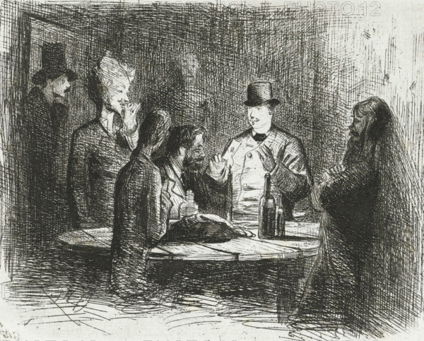 Gentlemen around a table, print, Six gentlemen around a table, on which rests a burning candle.