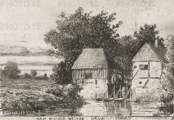 Landscape with watermill, print, printmaker: Jan Heppener, The Hague, dedicated to: Johan Hendrik