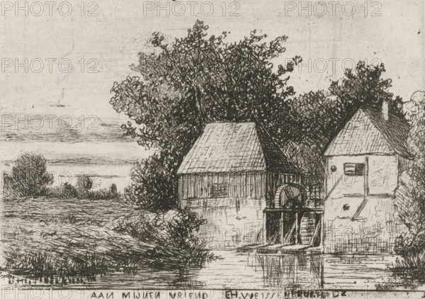 Landscape with watermill, print, printmaker: Jan Heppener, The Hague, dedicated to: Frederik