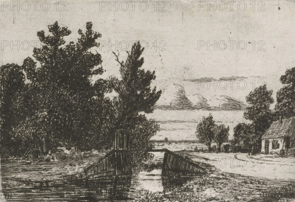 Landscape with a bridge over a ditch, print, printmaker: Jan Heppener, The Hague, c. 1841 - 1898,
