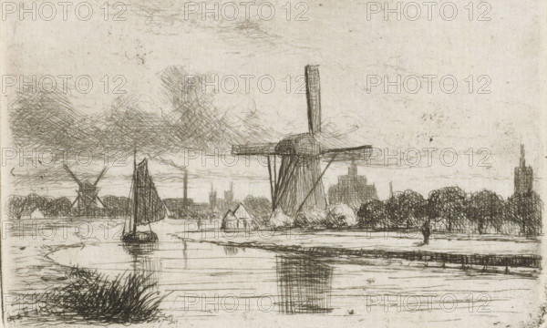 River landscape with windmills, print, printmaker: Jan Heppener, The Hague, c. 1841 - 1898, paper,