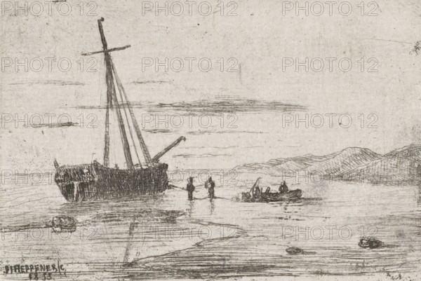Ship off the coast, print, printmaker: Jan Heppener, The Hague, 1855, paper, chine collé, etching,