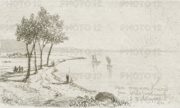 River landscape with rising sun, print, printmaker: Joseph Hartogensis, The Hague, dedicated to: