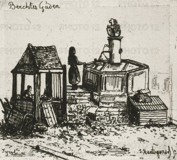 Water pump in Berchtesgaden, print, printmaker: Joseph Hartogensis, The Hague, 1856, paper, chine