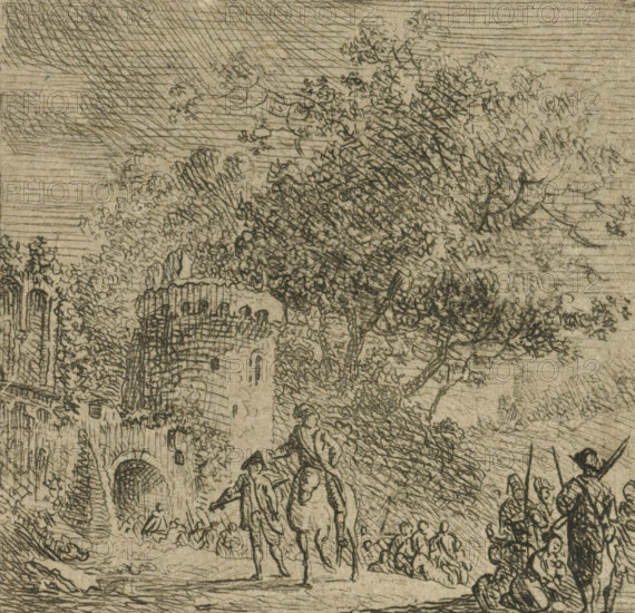 Soldiers at a gate, print, printmaker: Cornelis van Hardenbergh, Netherlands, c. 1770 - 1843,