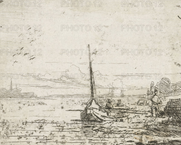 Ship at a bank, print, printmaker: Lambertus Hardenberg (1822-1900), The Hague, c. 1837 - 1900,