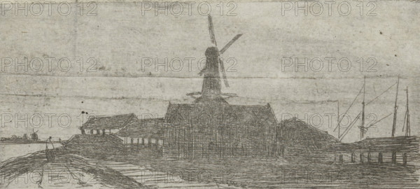 Complex with mill on a river, print, Complex with a windmill, on a dike, with a beginning for a