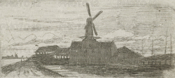 Complex with mill on a river, print, Complex with a windmill, on a dike, with a beginning for a