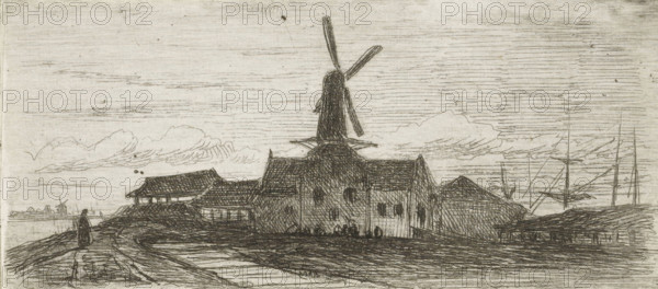 Complex with mill on a river, print, Complex with a windmill, on a dike, with a walking figure on